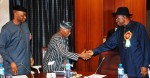 PRESIDENT GOODLUCK JONATHAN (R) WELCOMING LEADER OF AFENIFERE, CHIEF RENSEN FASHORANTI TO THE PRESIDENTIAL VILLA ABUJA