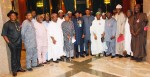 PRESIDENT GOODLUCK JONATHAN (M) GOV OLUSEGUN MIMIKO OF ONDO WITH MEMBERS OF AFENIFERE DURING THEIR VISIT TO THE PRESIDENTIAL VILLAABUJA