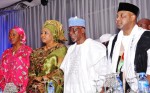 L - R WIFE BENUE STATE GOVERNOR MRS DOSHIMA YEMISI SUSWAN; WIFE OF KOGI STATE GOVERNOR HAJIYA HALIMA WADA; KOGI STATE GOVERNOR ALH. IDRIS WADA AND VICE PRESIDENT MUHAMMED NAMADI SAMBO; DURING THE WEDDING RECEPTION OF RIKIYA WADA & LATTEEF OSENI IN ABUJA