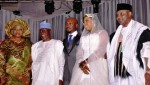 WIFE OF KOGI STATE GOVERNOR HAJIYA HALIMA WADA; KOGI STATE GOVERNOR CAPT. IDRIS WADA;THE GROOM MR. LATTEEF OSENI; THE BRIDE RIKIYA WADA AND VICE PRESIDENT MUHAMMED NAMADI SAMBO; DURING THE WEDDING RECEPTION OF RIKIYA WADA & LATTEEF OSENI IN ABUJA