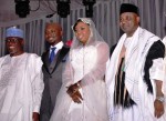 KOGI STATE GOVERNOR CAPT. IDRIS WADA;THE GROOM MR. LATTEEF OSENI; THE BRIDE RIKIYA WADA AND VICE PRESIDENT MUHAMMED NAMADI SAMBO; DURING THE WEDDING RECEPTION OF RIKIYA WADA & LATTEEF OSENI IN ABUJA