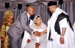 L - R WIFE OF KOGI STATE GOVERNOR HAJIYA HALIMA WADA; THE GROOM MR. LATTEEF OSENI; THE BRIDE RIKIYA WADA AND VICE PRESIDENT MUHAMMED NAMADI SAMBO; DURING THE WEDDING RECEPTION OF RIKIYA WADA & LATTEEF OSENI IN ABUJA