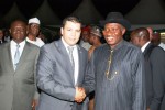 President Goodluck Jonathan right, and the Tunisia Head of Mission Amb. Hattab Haddaoui at a Presidential Cocktail Reception for the Diplomatic Corps in Nigeria at the State House Abuja on Thursday 16th Jan. 2014