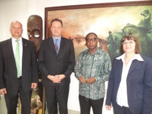 Country Director, Deutsche Fur Internationale Zusammenarbeit (GIZ), Dr. Thomas Kirsch,  Head of Component,  (GIZ), Alezander Werth, Honourable Minister of Industry, Trade and Investment,  Olusegun Aganga, German Ambassador to Nigeria, Her Excellency,  Dorothee Janetzke-Wenzel during a courtesy call to the Ministry Headquarters, Abuja   
