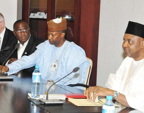 FROM LEFT: MANAGING DIRECTOR, TRANSMISSION COMPANY OF NIGERIA (TCN), MR MACK KAST; TCN DEPUTY CHAIRMAN, MR SOLA AKINFEMIWA; CHAIRMAN, MR IBRAHIM WAZIRI AND VICE-PRESIDENT NAMADI SAMBO AT A  MEETING AT THE PRESIDENTIAL VILLA IN ABUJA ON FRIDAY (28/3/14).