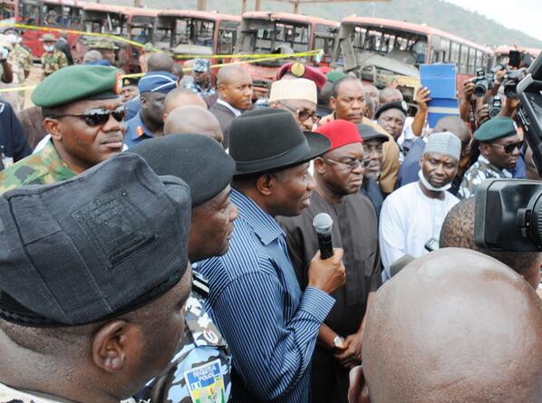 PRESIDENT JONATHAN ADDRESSING THE MEDIA AT THE NYANYA BOMB EXPLOSION SCENE, MONDAY