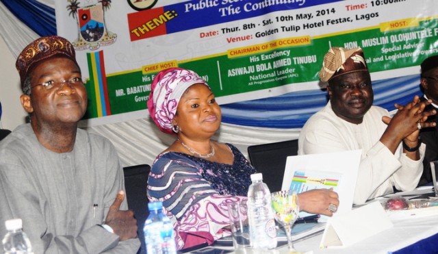 FROM LEFT: GOV. BABATUNDE FASHOLA OF LAGOS; DEPUTY GOVERNOR, MRS ADEJOKE ORELOPE-ADEFULIRE AND SPEAKER, LAGOS HOUSE OF ASSEMBLY, MR KUFORIJI ADEYEMI, AT THE 11TH LAGOS EXECUTIVES AND LEGISLATIVE PARLEY IN LAGOS ON FRIDAY (9/5/14).