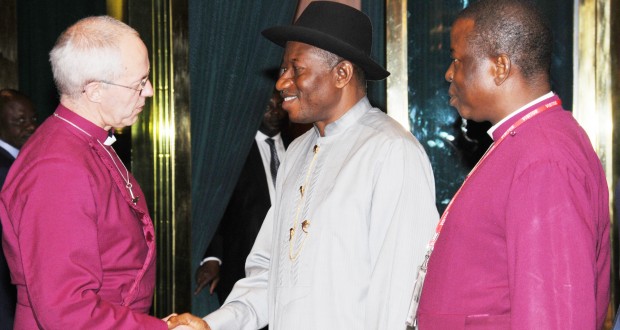 PRESIDENT GOODLUCK JONATHAN (M), WELCOMING THE ARCHBISHOP OF CANTERBURY, RT. REV. JUSTIN WELBY DURING HIS VISIT TO THE PRESIDENTIAL VILLA IN ABUJA ON WEDNESDAY. WITH THEM IS THE PRIMATE OF THE ANGLICAN COMMUNION, MOST REV. NICHOLAS OKOH.