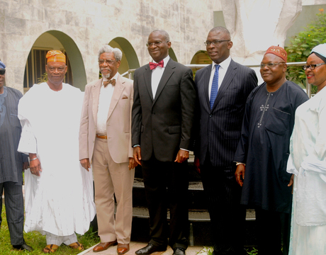 LEFT:  LAGOS REPRESENTATIVES AT THE NATIONAL CONFAB;  PROF. TUNDE SAMUEL;  PRINCE RABIU OLUWA;  CHAIRMAN,  ALHAJI  FEMI OKUNNU;   GOV. BABATUNDE FASHOLA OF LAGOS;  MR SUPO SASORE (SAN), MR WAHEED AYENI AND MRS OLUFUNMI OSHINOWO-BASHORUN,  DURING THEIR MEETING WITH GOV.  FASHOLA  IN LAGOS (24/2/14). 