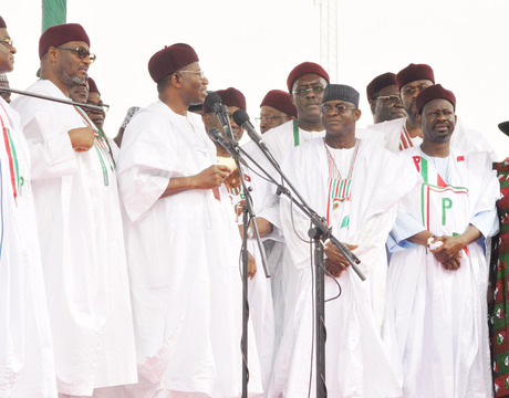 FROM LEFT: GOV. ISA YUGUDA OF BAUCHI STATE; PDP NATIONAL CHAIRMAN ADAMU MUAZU; PRESIDENT GOODLUCK JONATHAN; SENATE PRESIDENT DAVID MARK AND GOV.IBRAHIM DANKWAMBO OF GOMBE, AT THE PDP RALLY IN BAUCHI ON SATURDAY (29/3/14).