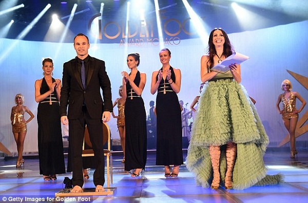 Iniesta leaves his footprints after receiving the  Golden Foot award on Monday evening in Monaco