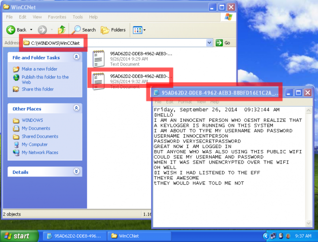 Image showing the location of unencrypted key logs generated by ComputerCOP's Key Alert on a Windows machine.