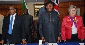 Jonathan, Allison-Madueke, Okonjo-Iweala, Others Leaves For London To Discuss Nigeria’s Economy 3 Aganga, Jonathan, Baroness Lynda Chalker at the 15th HIIC meeting in 2013