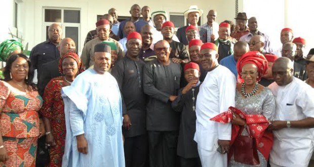 THE FORMER GOVERNOR OF ANAMBRA STATE, MR PETER OBI (MIDDLE), WITH PDP LEADERS FROM THE SOUTH-EAST, INCLUDING GOV. GODSWILL AKPABIO, SHORTLY AFTER OBI JOINED THE PDP AT HIS ONITSHA GRA RESIDENCE 