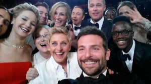 Image posted by Oscars show host Degeneres on her Twitter account shows movie stars posing for a picture taken by Cooper at 86th Academy Awards in Hollywood, California