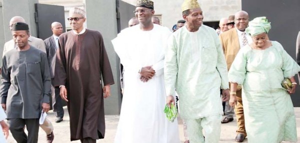 from left, Yemi Osinbajo, APC Vice Presidential Candidate; Muhammadu Buhari APC Presidential Candidate; Babatunde Fashola, Lagos State Governor; Pastor E. A. Adeboye General Overseer Redeemed Christian Church of God (RCCG) and wife, Mrs Adeboye