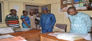 Ekiti State D. Gov., Dr. Kolapo Olusola (2nd right) in an office at the Teaching Service Commission, (TSC) during his impromptu visit to the State Secretariat. With him (2nd left) is the PS, TSC, Dr. Mrs. Eunice Dada.