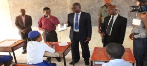 Ekiti State D.Gov., Dr. Kolapo Olusola (2nd right) interacting with the SS3 students at Ayetoro/Iloro High School, With the Principal, Mr. Olugboyega Ojo (right) and the Mathematics teacher, Mr. Alabi Kolawole (2nd left).