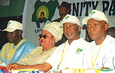 UNITY PARTY OF NIGERIA (UPN) DEPUTY NATIONAL CHAIRMAN, ALHAJI ABDULLAHI RABIU-KURA (LEFT); ITS LAGOS STATE GOVERNORSHIP CANDIDATE, MRS. DUPE ONITIRI-ABIOLA; NATIONAL CHAIRMAN, DR. FREDRICK FASHEUN DURING ITS CONVENTION WHERE THE PURPORTED ADOPTION OF DR. GOODLUCK JONATHAN TOOK PLACE