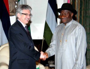 President Jonathan with outgoing French Ambassador to Nigeria, Jacques Champagne De Labriolle