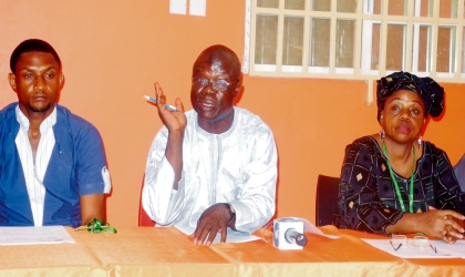 TMG Distances Self From Presidential Debates, Accuses NEDG Of Fraud 3 FROM LEFT: PROJECT MANAGER, TRANSITION MONITORING GROUP (TMG), MR LAZARUS APIR, TMG CHAIRMAN, MR IBRAHIM ZIKIRULLAHI AND THE VICE CHAIRMAN, HAJIA LIMOTA GOROSO, AT A NEWS CONFERENCE. PHOTO: NAN