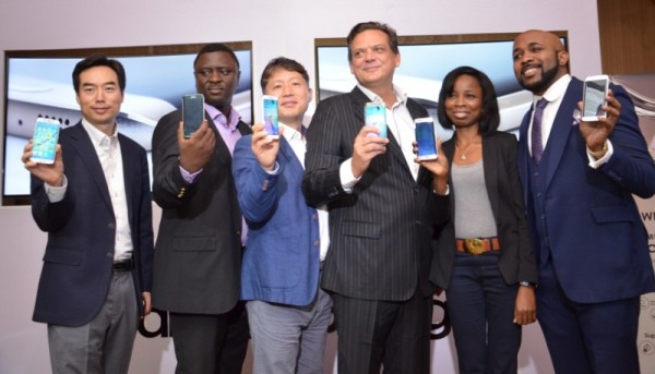 L-R: Business Development Director, Information Technology and Mobile, Samsung Electronics West Africa, Mr. Daesong Ra; Head, Business Development, Technology and Mobile, Samsung Electronics West Africa, Mr. Olumide Ojo; Managing Director, Samsung Electronics West Africa, Mr. Brovo Kim; Director, Information Technology and Mobile, Samsung Electronics West Africa, Mr. Emmanouil Revmatas; Head, Product Marketing, Information Technology and Mobile, Samsung Electronics West Africa, Ms Olajumoke Okikiolu and Samsung Electronics Brand ambassador, Banky W at the official launch of the Samsung Galaxy S6 smartphones