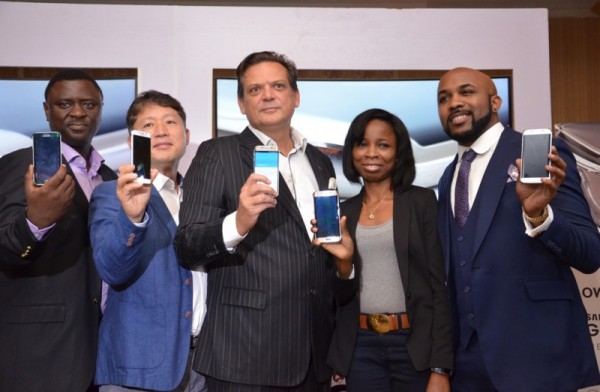 L-R: Head, Business Development, Technology and Mobile, Samsung Electronics West Africa, Mr. Olumide Ojo; Managing Director, Samsung Electronics West Africa, Mr. Brovo Kim; Director, Information Technology and Mobile, Samsung Electronics West Africa, Mr. Emmanouil Revmatas; Head, Product Marketing, Information Technology and Mobile, Samsung Electronics West Africa, Ms Olajumoke Okikiolu and Samsung Electronics Brand ambassador, Banky W at the official launch of the Samsung Galaxy S6 smartphones