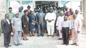 Ekiti De-Gov., Dr. Kolapo Olusola (5th left), PS, De-Gov’s Office, Mrs. Olabisi Akindele (4th left) and  PS of (SUBEB), Mr. Bolu Ogundare (4th right) in a group photograph with the Local Govt. Edu. Sec. after the meeting with the De Gov.