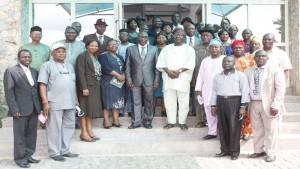 Newly Appointed Edu. Sec. In Ekiti Charged To Make Loyalty Their Watchword 3 Ekiti De-Gov., Dr. Kolapo Olusola (5th left), PS, De-Gov’s Office, Mrs. Olabisi Akindele (4th left) and PS of (SUBEB), Mr. Bolu Ogundare (4th right) in a group photograph with the Local Govt. Edu. Sec. after the meeting with the De Gov.