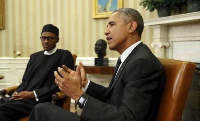 U.S. President Barack Obama meets with Nigerian President Muhammadu Buhari (L) in the Oval Office of the White House in Washington July 20, 2015. REUTERS/Kevin Lamarque