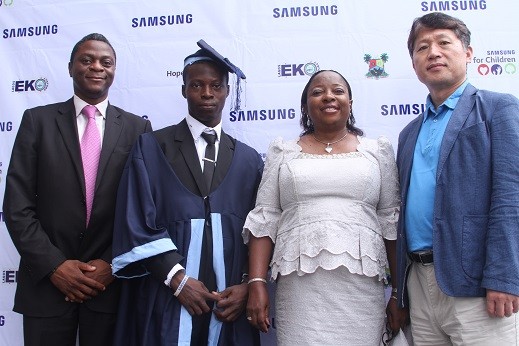 L-R: Head Corporate Marketing, Samsung Electronics West Africa, Mr. Koye Sowemimo; Overall Best Graduating Student, Samsung Engineering Academy Class of 2014, Sunday Oyelami; Head, Lagos Eko Secondary School Education Project, Mrs Folasade Fasehun and Managing Director, Samsung Electronics West Africa, Mr. Brovo Kim at the Samsung Engineering Academy graduation ceremony.