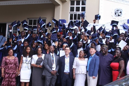 L-R: Head Corporate Marketing, Samsung Electronics West Africa, Mr. Koye Sowemimo; Overall Best Graduating Student, Samsung Engineering Academy Class of 2014, Sunday Oyelami; Head, Lagos Eko Secondary School Education Project, Mrs Folasade Fasehun and Managing Director, Samsung Electronics West Africa, Mr. Brovo Kim at the Samsung Engineering Academy graduation ceremony.