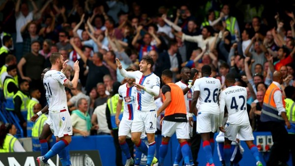 Crystal Palace Players Celebrates James Ward Goal against Chelsea at Stamford Bridge. Image: PA.