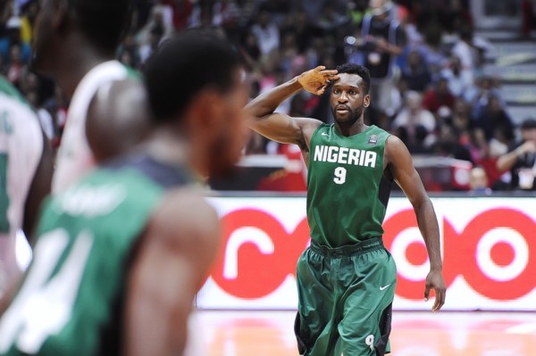 Chamberlain Oguchi Does His Famous Three-Point Salute Pose During the 2015 Afrobasket in Rades, Tunisia. Image: FIBA.