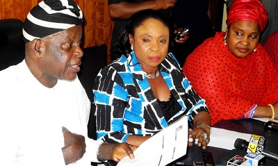 FROM LEFT: CHAIRMAN, POLICE SERVICE COMMISSION (PSC), MIKE OKIRO; COMMISSIONER FOR MEDIA, SOUTH-EAST ZONE, COMFORT OBI AND COMMISSIONER FOR WOMEN AFFAIRS, AISHA TUKUR, AT A NEWS CONFERENCE ON THE ALLEGED N275M ELECTION-MONITORING FUND'S FRAUD ROCKING THE PSC IN ABUJA