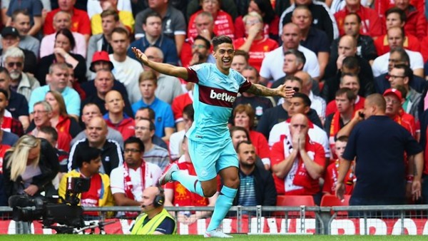 Manuel Lanzini Celebrates Scoring for West Ham at Liverpool. Image: Getty.