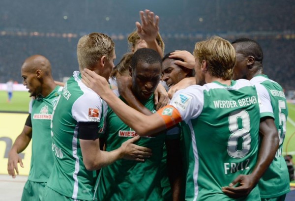 Anthony Ujah Celebrates His First Bundesliga Goal in the Shirts of Werder Bremen With Team-Mates. Image: Getty.
