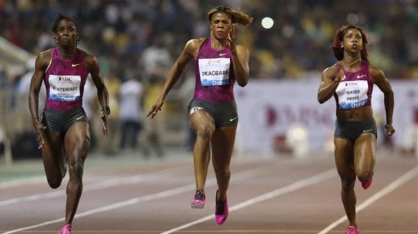 Blessing Okagbare Competing Against Shelly-Ann Fraiser-Pryce in Doha in 2014