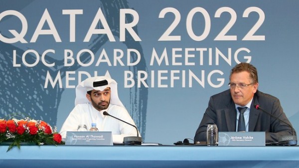 Jerome Valcke (right) and Qatar 2022 LOC Chief Hassan Al-Thawadi Addressing a Press Conference in Doha, Qatar. Image: AFP.