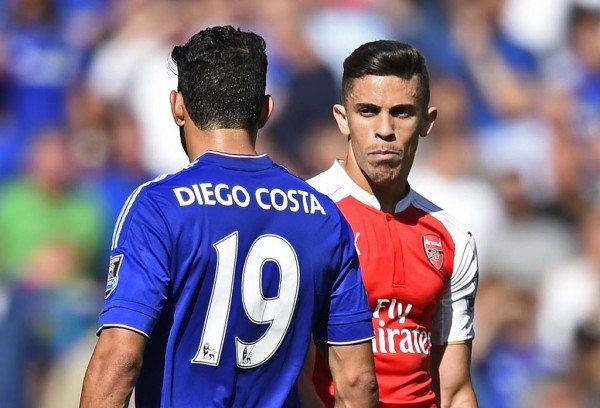 Gabriel Was Sent Off for Raising His back Heel at Diego Costa. Image: Getty.