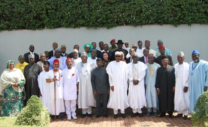President Muhammadu Buhari flanked by Vice President Yemi Osinbajo and the Water Resources Minister, Engr. Suleiman Adamu (5r) while other Members of Council watched in a group photograph shortly after the swear-in ceremony of the newly composed Federal Executive Council at the Aso Chambers, Presidential Villa, Abuja. Photo by Abayomi Adeshida 11/11/2015 