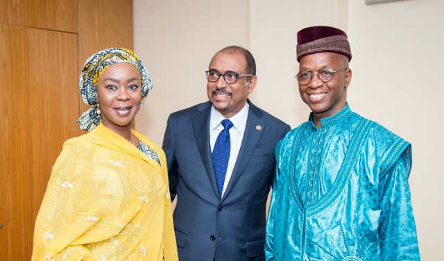 L to R: Her Excellency Mr Toyin Saraki, Founder-President Wellbeing Foundation Africa, UNAIDS Executive Director, Mr. Michel Sidibé, Djibril Diallo West Africa Regional Head of UNAIDS