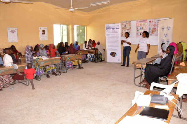 L to R Mrs. Eunice Akhigbe, Midwifery Programme Officer Wellbeing Foundation Africa  and Mrs Usman, NASS Midwife Delivering #MaternalMonday Antenatal Class to Expectant Mothers at the IDP Camp in Wassa, Abuja.