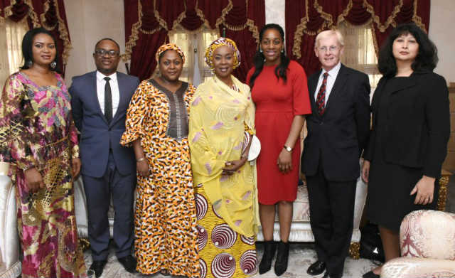 L-R Mrs Florence Anyanwu, Dr Luther-King Fasehun, Hajiya Mairo Usman, Her Excellency Mrs Toyin Saraki Founder-President Wellbeing Foundation Africa, Hon Kate Osamor MP, Sir Richard Gozney Former British Ambassador to Nigeria and Mrs Dawn Spetale