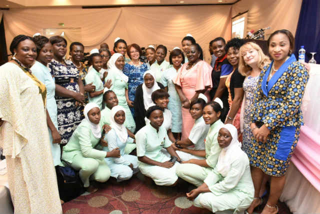 Frances Day-Stirk, President of the International Confederation of Midwives with Speakers and Student Nurses at the Inaugural Global Midwifery Conference to celebrate the International Day of the Midwife in Abuja, Nigeria.