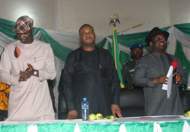 Photonews: R-L: Ebonyi State Governor  David Umahi ; Deputy Governor Kelechi Igwe (Middle); and Speaker of the state  House of Assembly, Rt. Hon.  Francis Nwifuru, during an  Agric/ Welfare Summit with the state CAN, Heads of Blocks, Bishops and Divine Mandate Pastors in Abakaliki ... on Thursday.