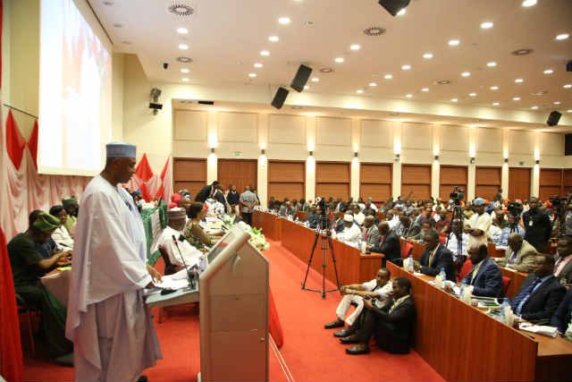 Senate President Dr Abubakar Bukola Saraki addressing the Senate Public Hearing on the the Petrol