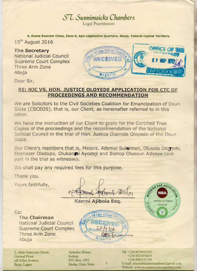 NJC vs Hon Justice Oloyede Application for CTC of Proceedings and Recommendation St Sunnimaicks Chambers Letter