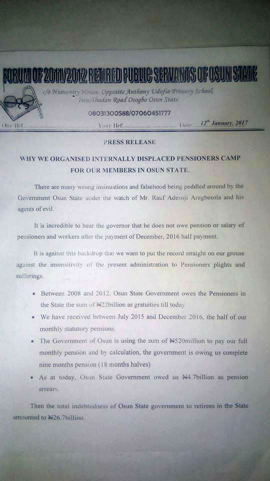 Petition Retired Public Servants of Osun State branch of the Nigeria Union of Pensioners nup 1