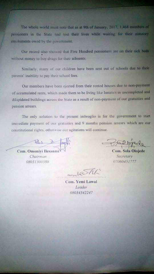 Petition Retired Public Servants of Osun State branch of the Nigeria Union of Pensioners nup 2